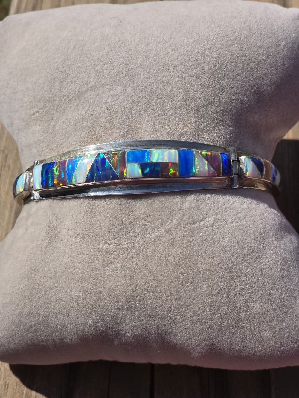 Vintage Zuni Reynetsa Leland Sterling Silver Opal Inlay Link Bracelet 8" 22.46g